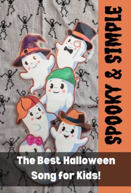 Halloween song visual aids of six ghosts dressed up in Halloween costumes