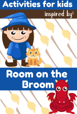 Witch, cat,and dragon cartoon with words : Activities for kids inspired by Room on the Broom