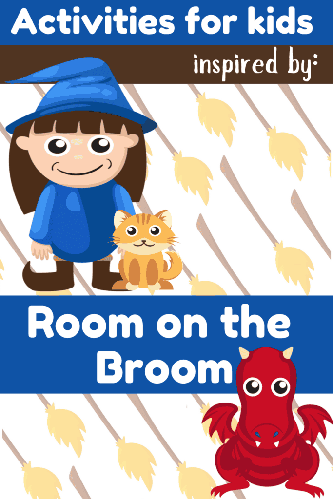 Witch, cat,and dragon cartoon with words : Activities for kids inspired by Room on the Broom