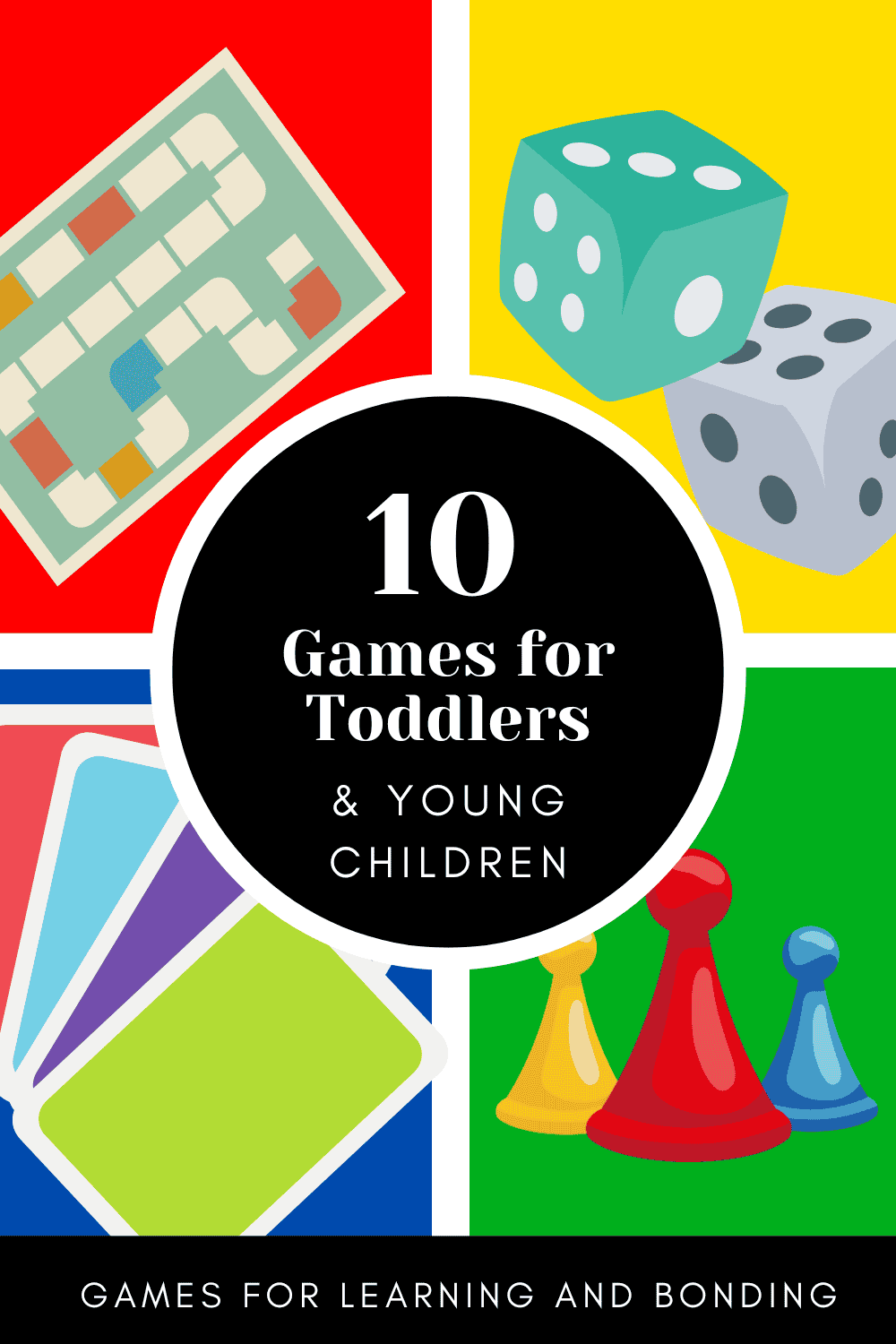 Graphic divided into four squares with games and the writing 10 games for toddlers